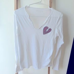 Zadig & Voltaire White Long Sleeve w Studded Broken  Heart, Size Small